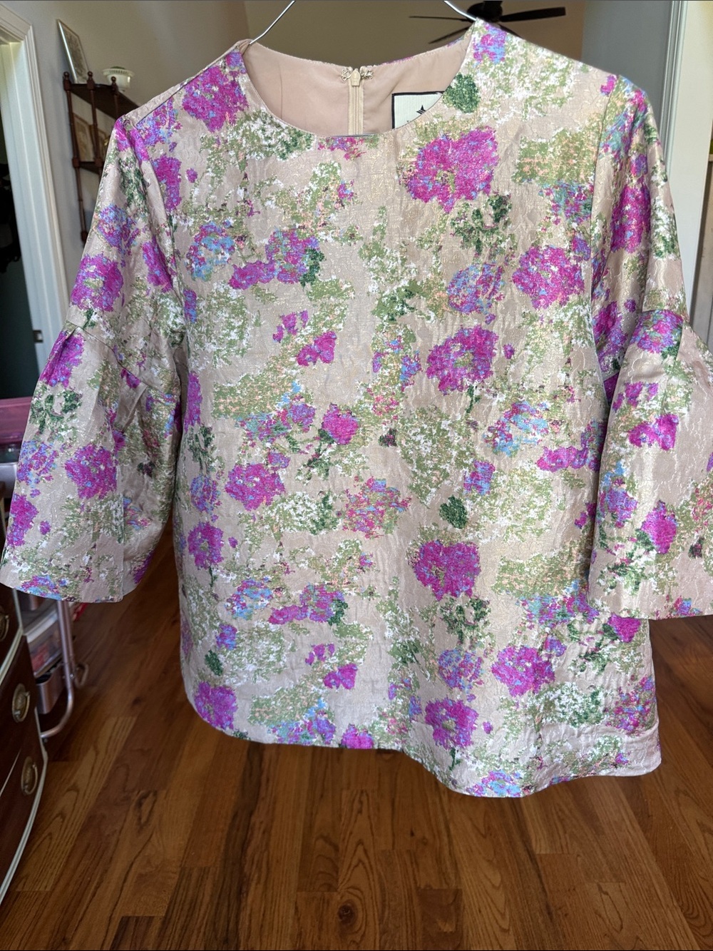 Tuckernuck Floral Metallic Pink and Green Brocade Women’s Top